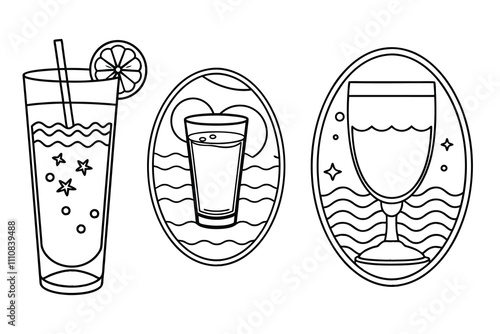 Ocean glass of drink vector silhouette line art set