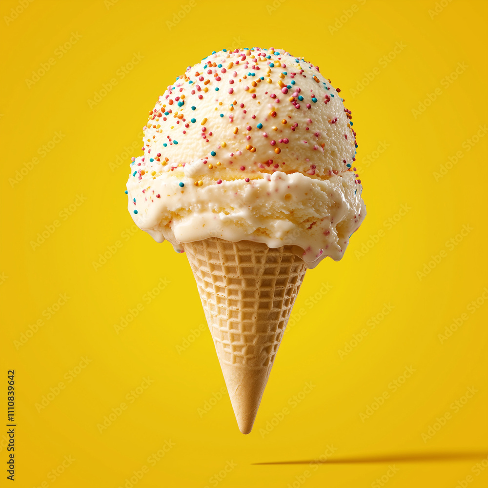 Vanilla ice cream cone with sprinkles isolated on a yellow background Vanilla ice cream cone with sprinkles isolated on a yellow background