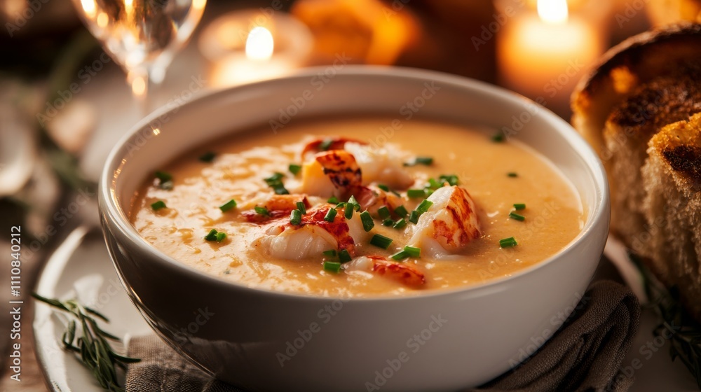 Photo of, A bowl of creamy lobster bisque garnished with chives, Bisque in bowl Photo of, A bowl of creamy lobster bisque garnished with chives, Bisque in bowl
