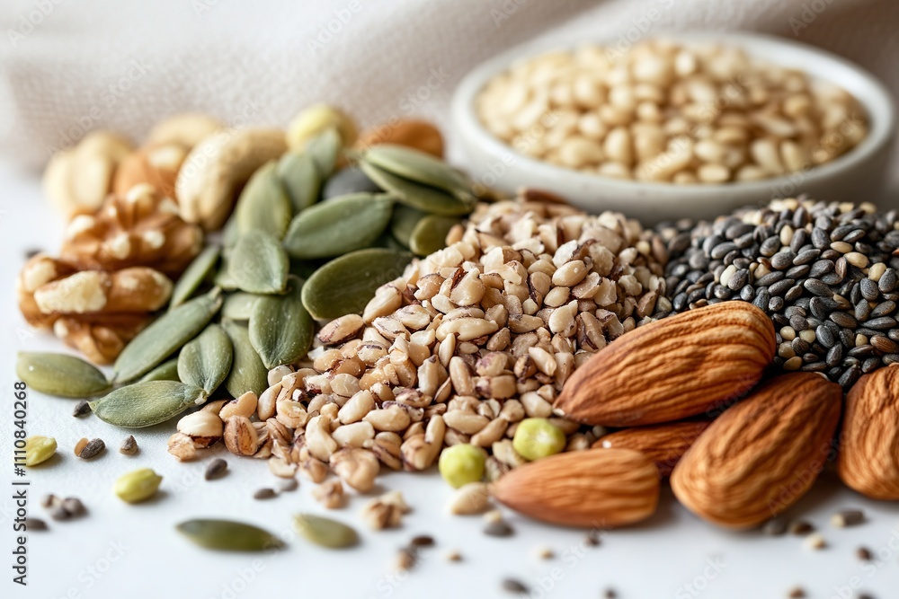 Naklejka premium variety of nuts and seeds scattered on smooth white surface subtle blur in background for veganuary nutrition