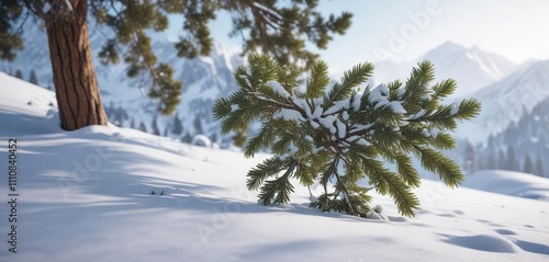 Deep snow surrounding a lone pine tree branch, cold weather, forest isolation