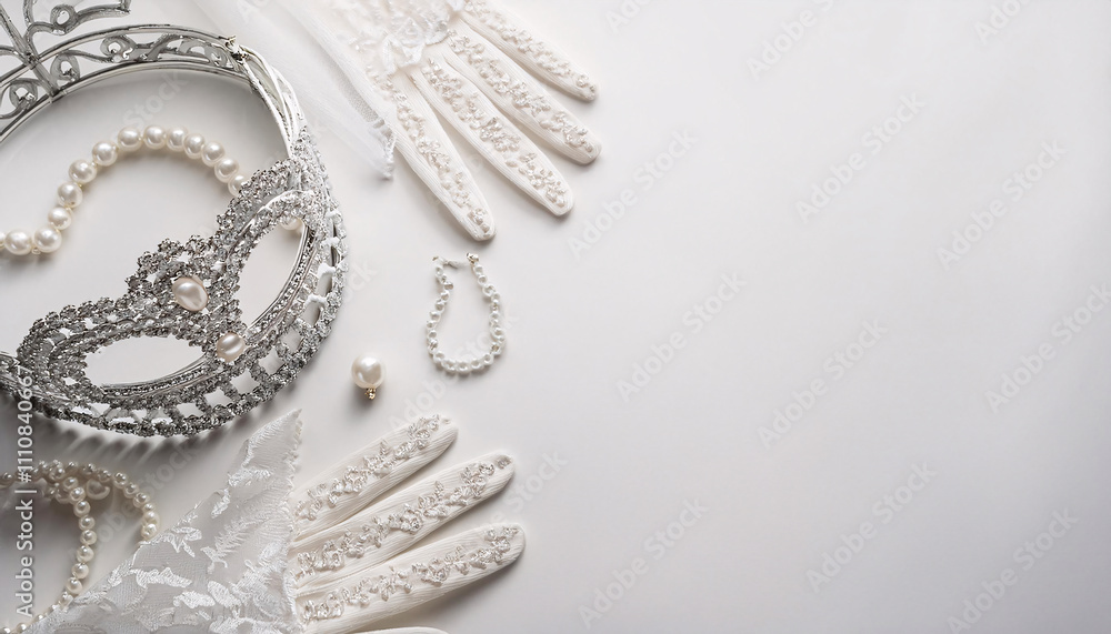 Bridal accessories arranged beautifully with a tiara, pearl necklace, and delicate lace gloves on a soft surface Bridal accessories arranged beautifully with a tiara, pearl necklace, and delicate lace gloves on a soft surface