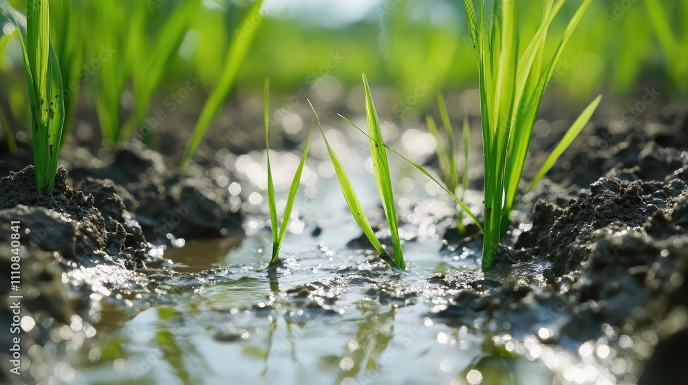 A thriving rice paddy supported by nutrient-rich muddy soil A thriving rice paddy supported by nutrient-rich muddy soil