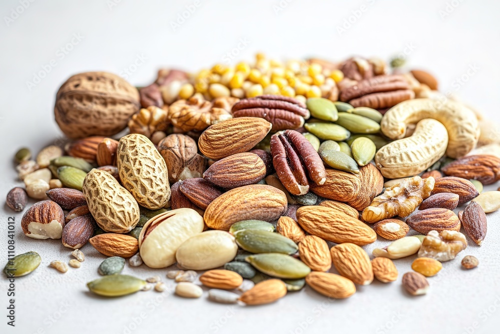 variety of nuts and seeds scattered on smooth white surface subtle blur in background for veganuary nutrition variety of nuts and seeds scattered on smooth white surface subtle blur in background for veganuary nutrition