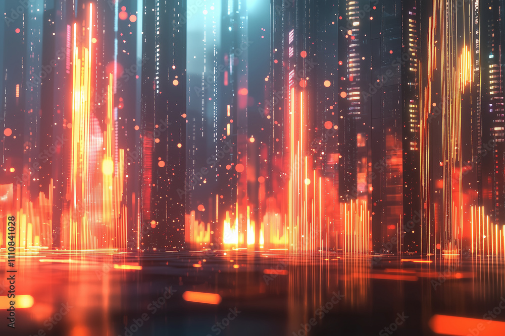 glowing holographic chart with floating data points creates vibrant, futuristic cityscape. bright orange and blue colors evoke sense of energy and innovation glowing holographic chart with floating data points creates vibrant, futuristic cityscape. bright orange and blue colors evoke sense of energy and innovation