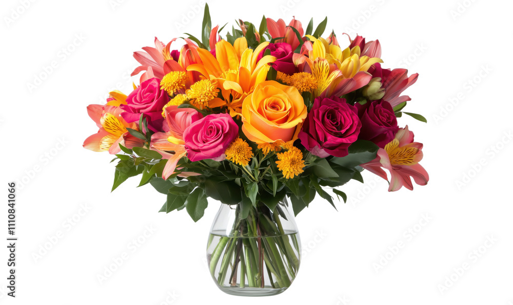 Colorful flower bouquet with roses, lilies, and chrysanthemums. Bright arrangement features orange, pink, and yellow blooms in glass vase., isolated on transparent background, png Colorful flower bouquet with roses, lilies, and chrysanthemums. Bright arrangement features orange, pink, and yellow blooms in glass vase., isolated on transparent background, png