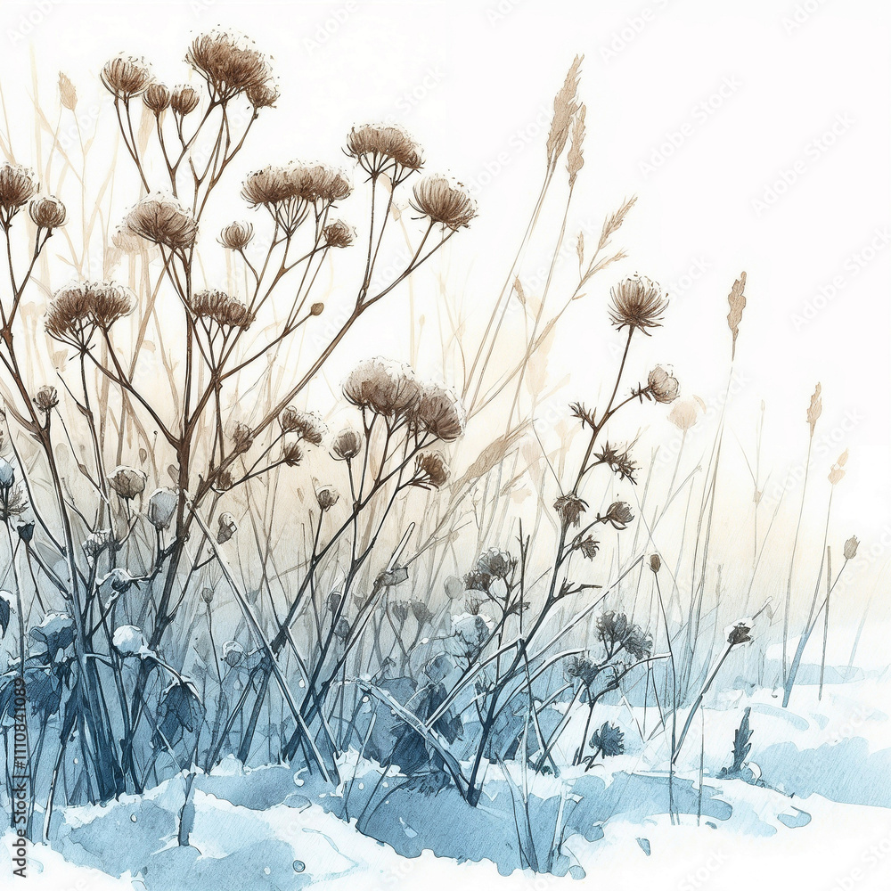 Winter landscape with delicate grasses and snow-covered ground in serene natural setting Winter landscape with delicate grasses and snow-covered ground in serene natural setting