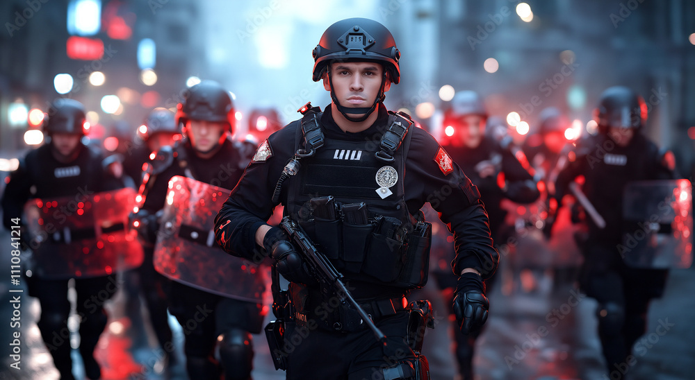 Intense police presence during urban unrest, officers in tactical gear, holding shields and weapons, illuminated by red lights, creating dramatic atmosphere Intense police presence during urban unrest, officers in tactical gear, holding shields and weapons, illuminated by red lights, creating dramatic atmosphere