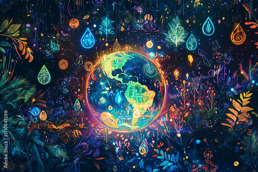 Fototapeta premium glowing holographic Earth surrounded by vibrant plants and colorful droplets, creating magical and enchanting atmosphere
