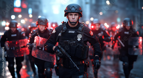 Intense police presence during urban unrest, officers in tactical gear, holding shields and weapons, illuminated by red lights, creating dramatic atmosphere