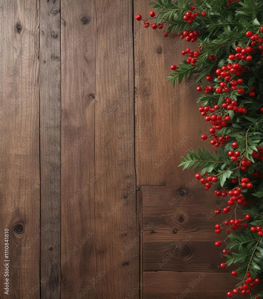 Evergreen branches with red berries adorn a wooden background, evergreen, natural elements Evergreen branches with red berries adorn a wooden background, evergreen, natural elements