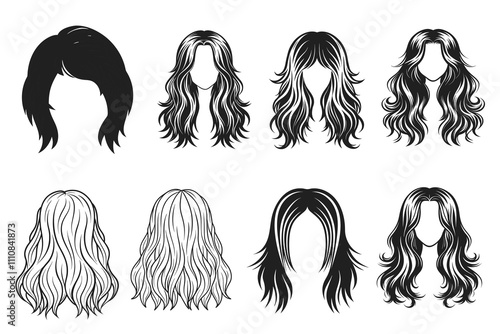 Set of Loose long hair Vector Silhouette Line art style