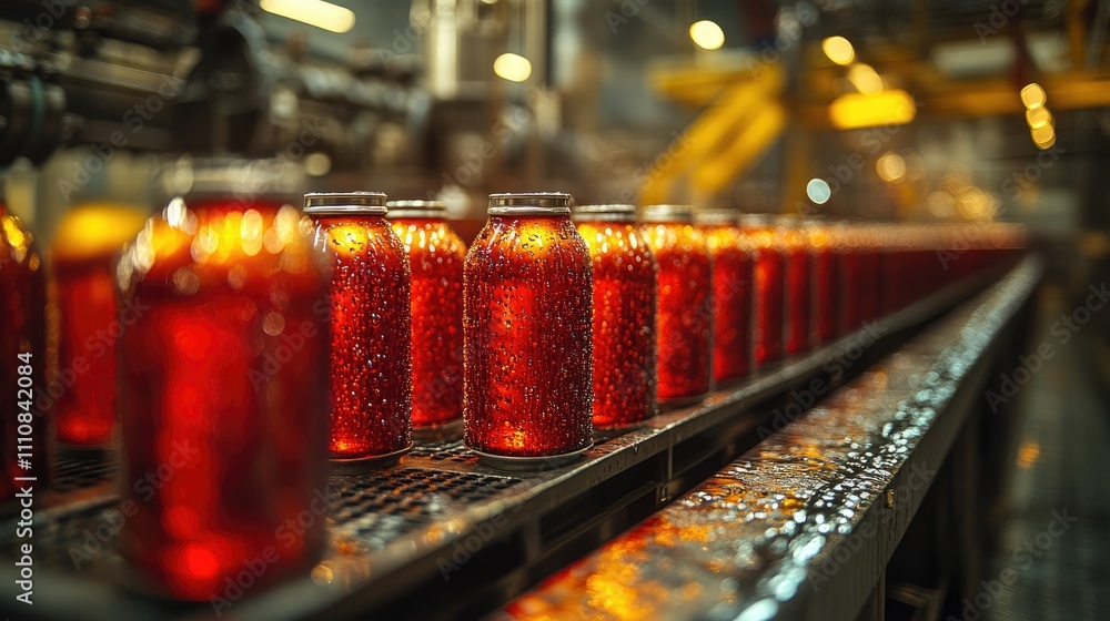 A production line of shiny, red jars in a factory setting, likely for food or beverages. A production line of shiny, red jars in a factory setting, likely for food or beverages.