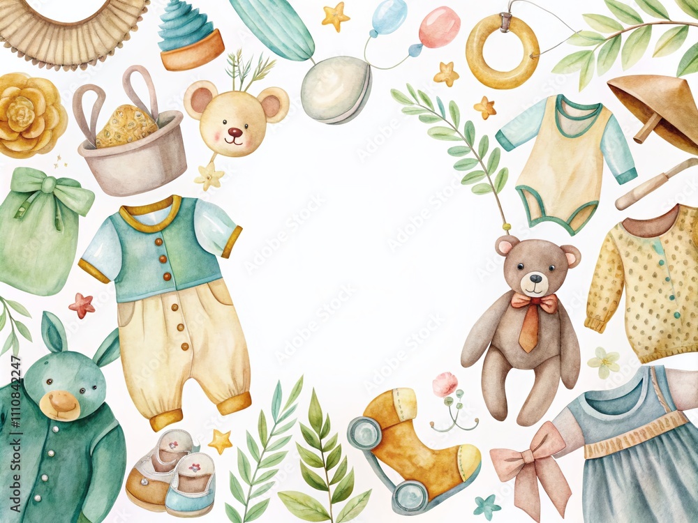 Watercolor Baby Apparel and Eco-Friendly Toys Collection for Boho Style Kids, Featuring Clothes and Playthings in a Gentle, Artistic Presentation with Ample Copy Space Watercolor Baby Apparel and Eco-Friendly Toys Collection for Boho Style Kids, Featuring Clothes and Playthings in a Gentle, Artistic Presentation with Ample Copy Space