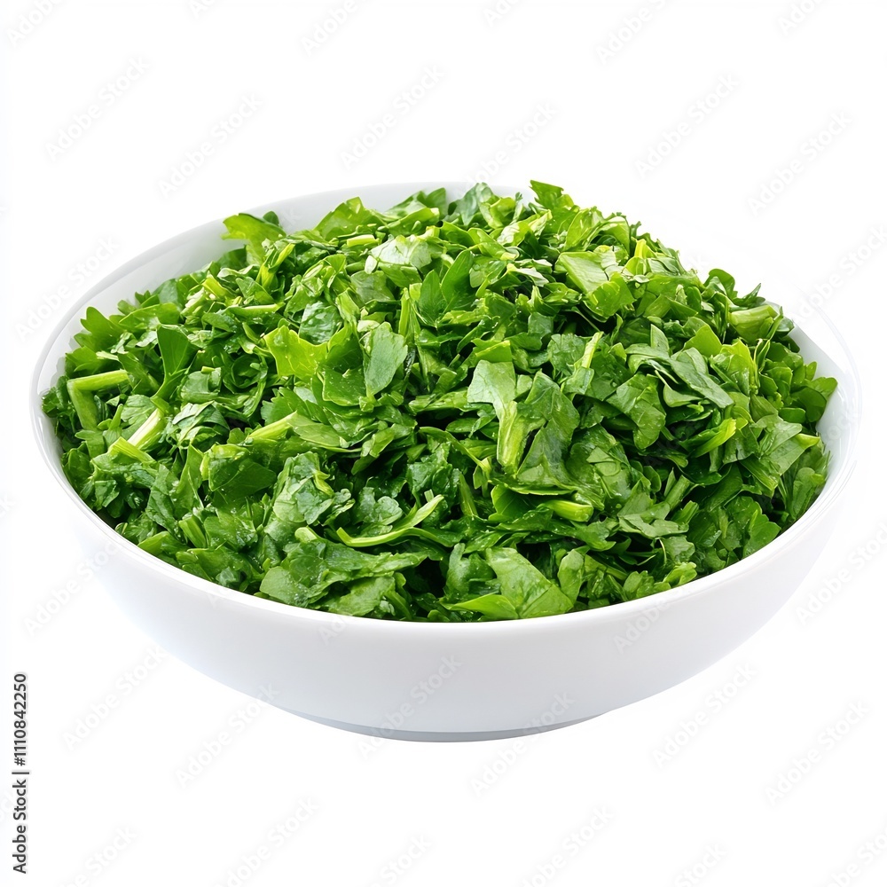 Macro Shot of Fresh Green Salad or Leafy Vegetable Bowl on White Background Macro Shot of Fresh Green Salad or Leafy Vegetable Bowl on White Background