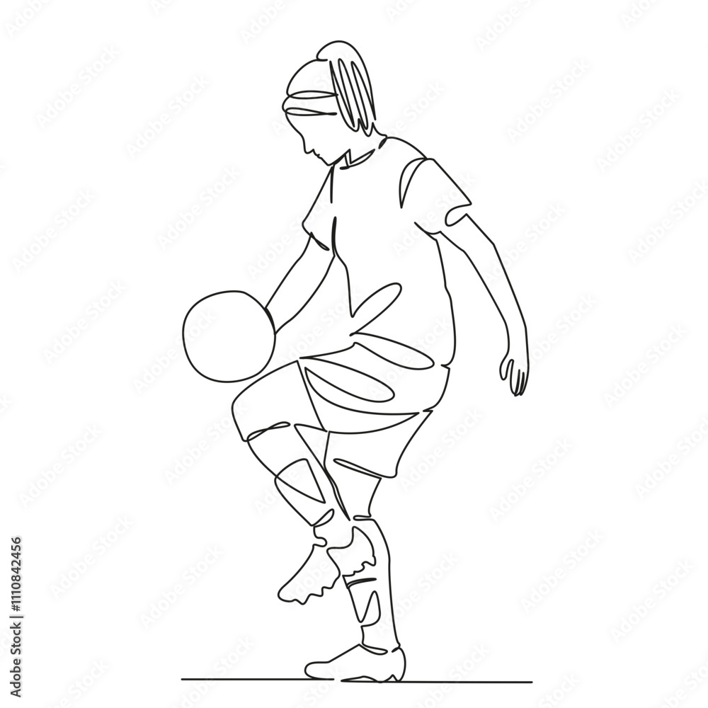 Fototapeta premium One continuous single drawing line art flat doodle girl, woman football player, juggles ball, accuracy training. Isolated image hand draw contour on a white background, hand drawn, not AI