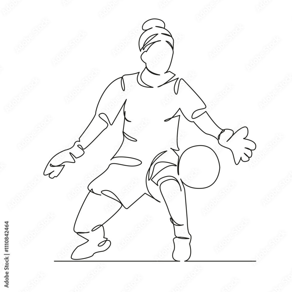 Fototapeta premium One continuous single drawing line art flat doodle girl, woman, goalkeeper catches ball, football, agility, game. Isolated image hand draw contour on a white background, hand drawn, not AI