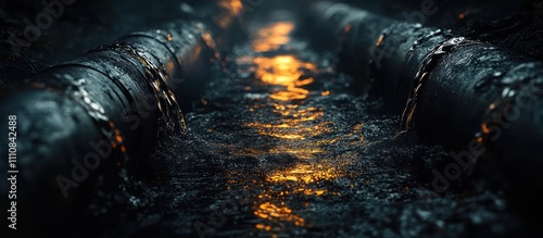 Close up of two dark rusty metal pipes with a bright glowing liquid flowing between them. photo