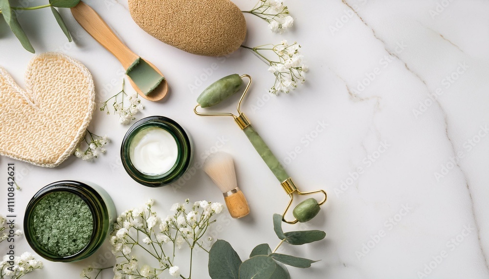 Eco-friendly hygiene setup. Flat lay top view arrangement with gua sha tools, skincare Eco-friendly hygiene setup. Flat lay top view arrangement with gua sha tools, skincare