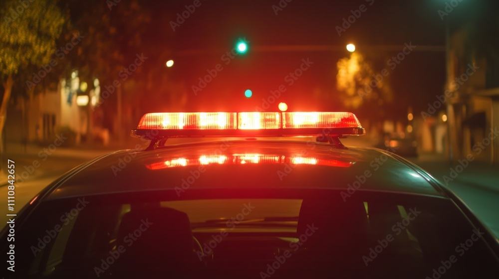Emergency Police Vehicle at Night - Red Lights Blinking Emergency Police Vehicle at Night - Red Lights Blinking