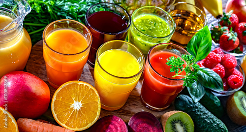 Glasses with fresh organic vegetable and fruit juices photo