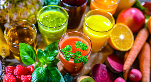 Glasses with fresh organic vegetable and fruit juices photo