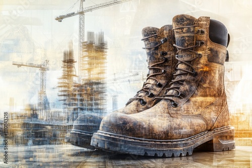 Construction Worker Boots and Cityscape Double Exposure photo