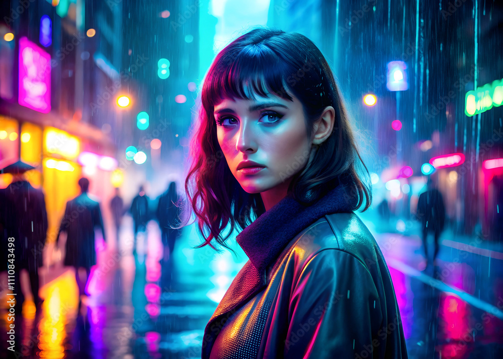 A Woman in a Raincoat Stands in the Rain Neon City A Woman in a Raincoat Stands in the Rain Neon City