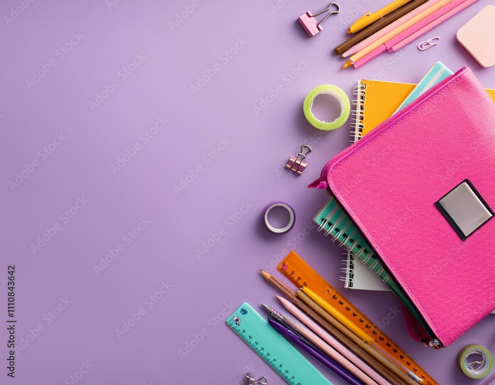 Back to school concept. Top view photo of stack of notebooks pens adhesive tape ruler clips Back to school concept. Top view photo of stack of notebooks pens adhesive tape ruler clips