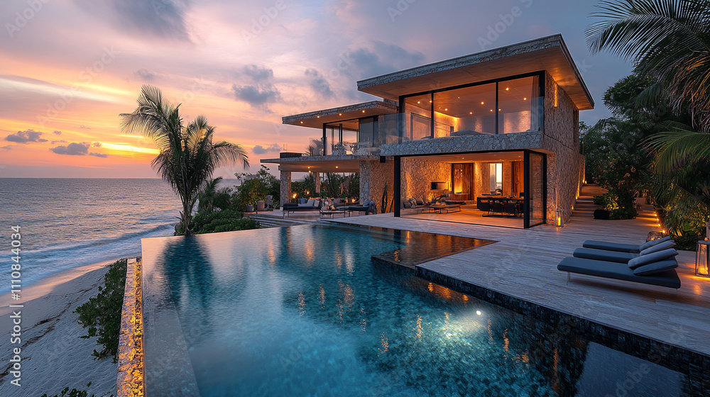 Fototapeta premium Luxurious beachfront villa with infinity pool at sunset