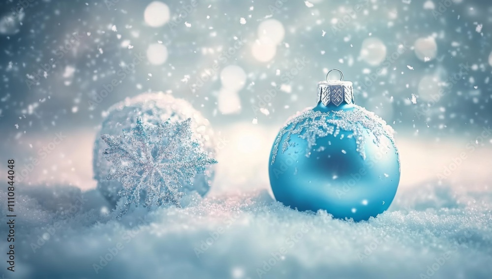 Blue Christmas Ornaments and Snowflakes with Falling Snow. Delicate Lighting, Pastel Colors Background. Blue Christmas Ornaments and Snowflakes with Falling Snow. Delicate Lighting, Pastel Colors Background.