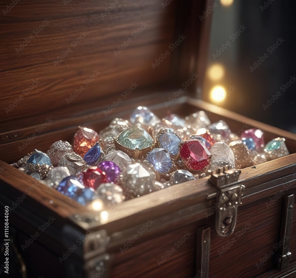 Fototapeta premium Glistening jewels inside a chest with soft light, shimmering trinkets, glowing artifacts