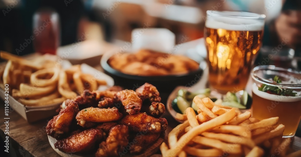 Pub Appetizers: Chicken Wings, Onion Rings, and French Fries. AI generated illustration. Pub Appetizers: Chicken Wings, Onion Rings, and French Fries. AI generated illustration.