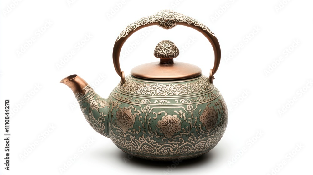 Ornate green and copper teapot isolated on white. Ornate green and copper teapot isolated on white.