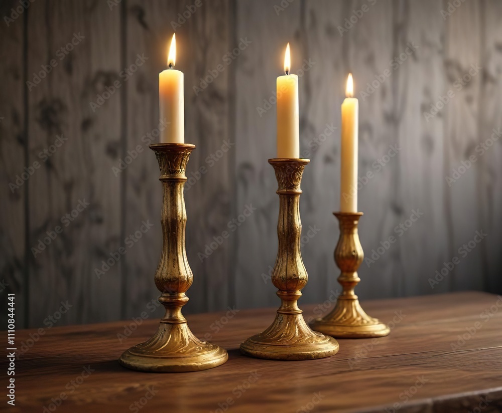 Gold candlesticks placed on a rustic wooden table, winter decor, soft glow Gold candlesticks placed on a rustic wooden table, winter decor, soft glow