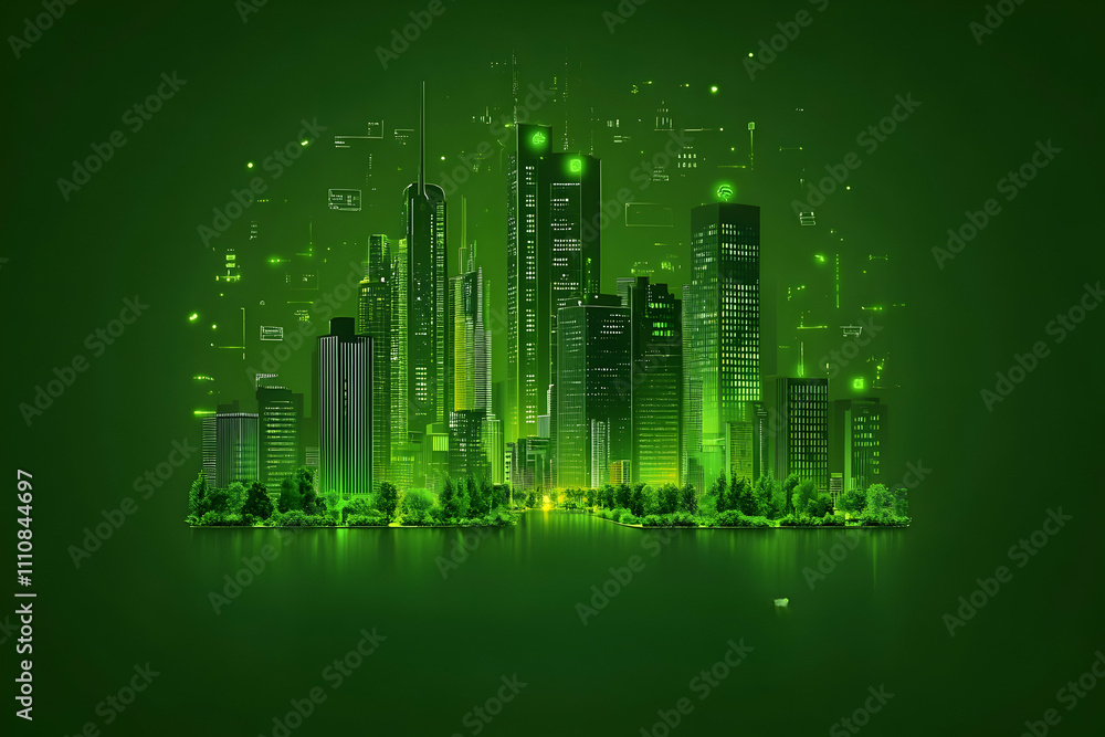Green city skyline with digital data overlay. Green city skyline with digital data overlay.