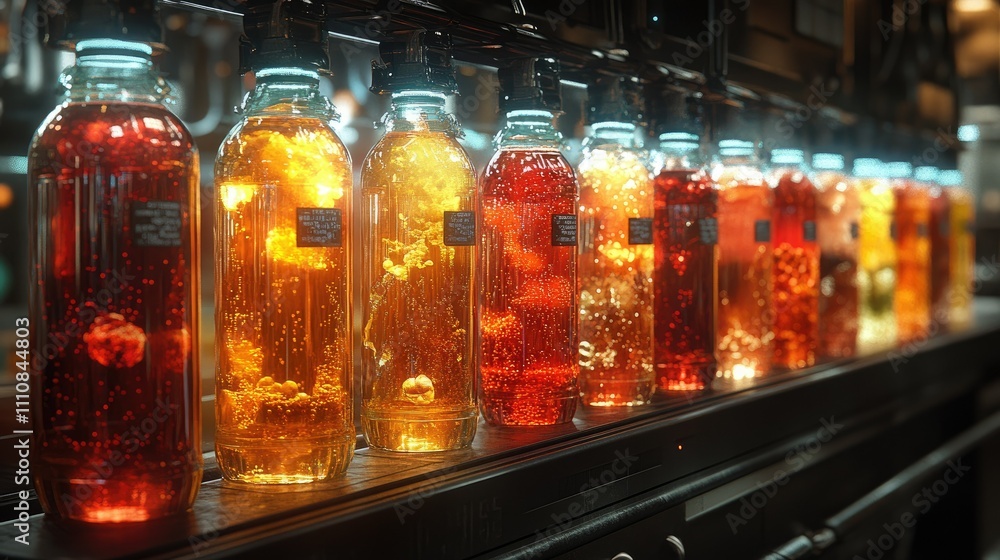 A row of illuminated bottles filled with colorful liquids, showcasing a vibrant display. A row of illuminated bottles filled with colorful liquids, showcasing a vibrant display.