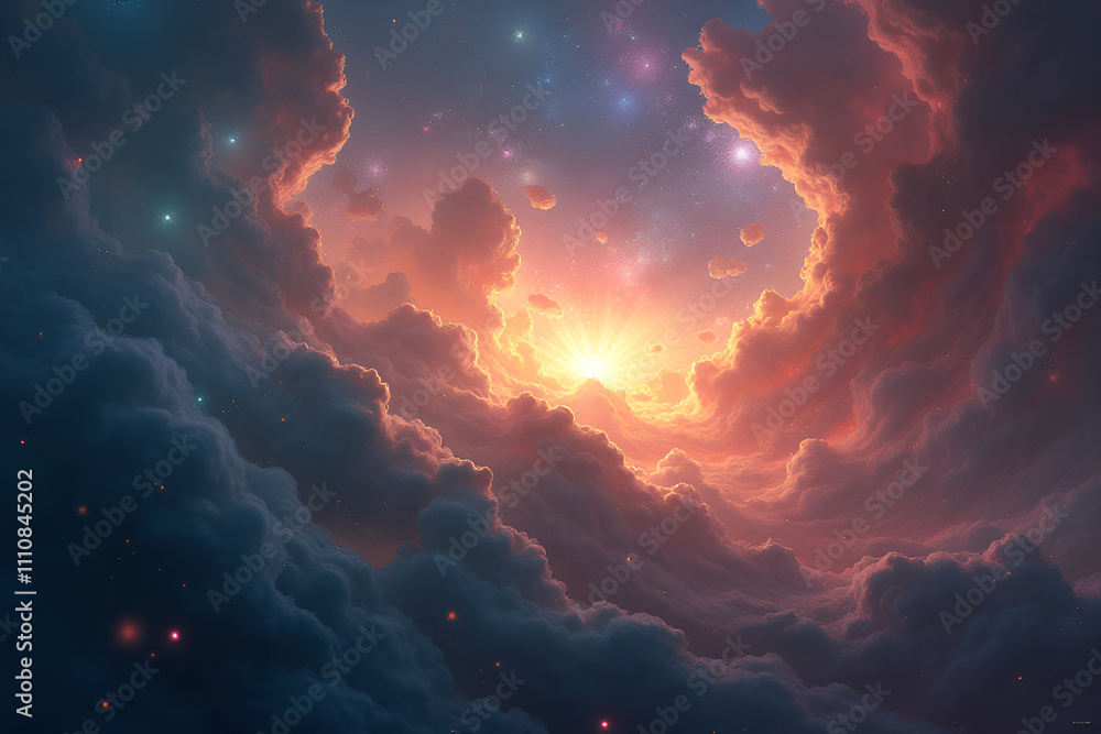 Fototapeta premium Mystical Celestial Cloudscape with Radiant Light and Starry Space Background