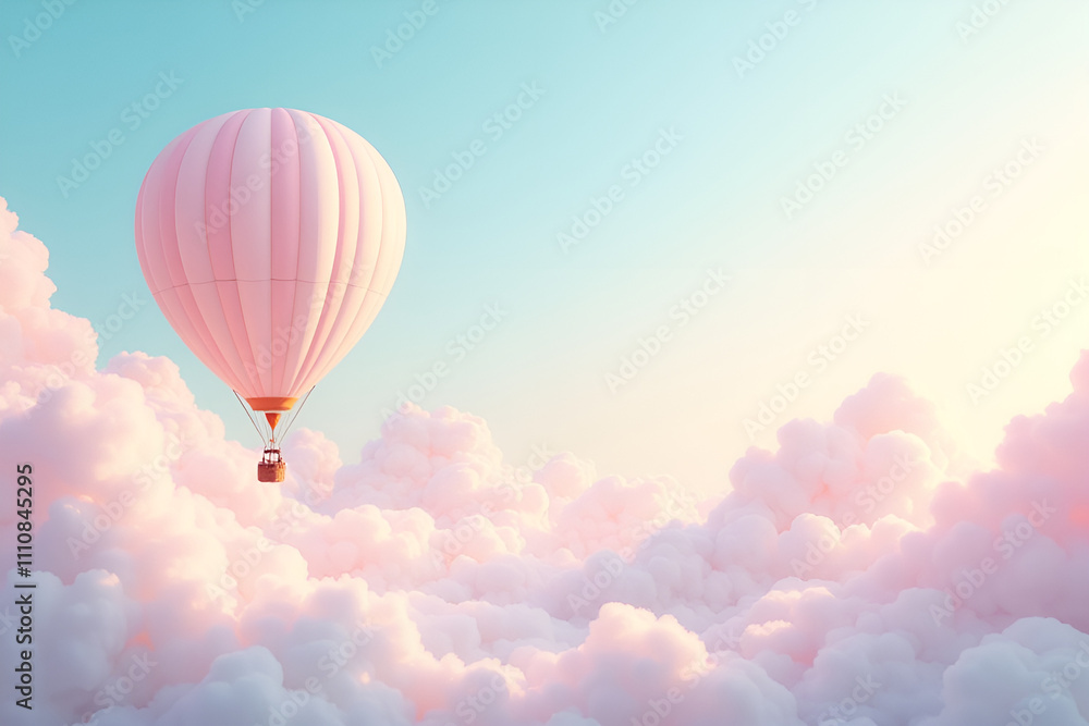 Fototapeta premium Serene Pink Hot Air Balloon Drifting Through Dreamy Cotton-Candy Cloud Paradise