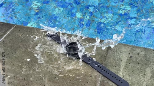 Waterproof smart watch with water drops on swimming pool