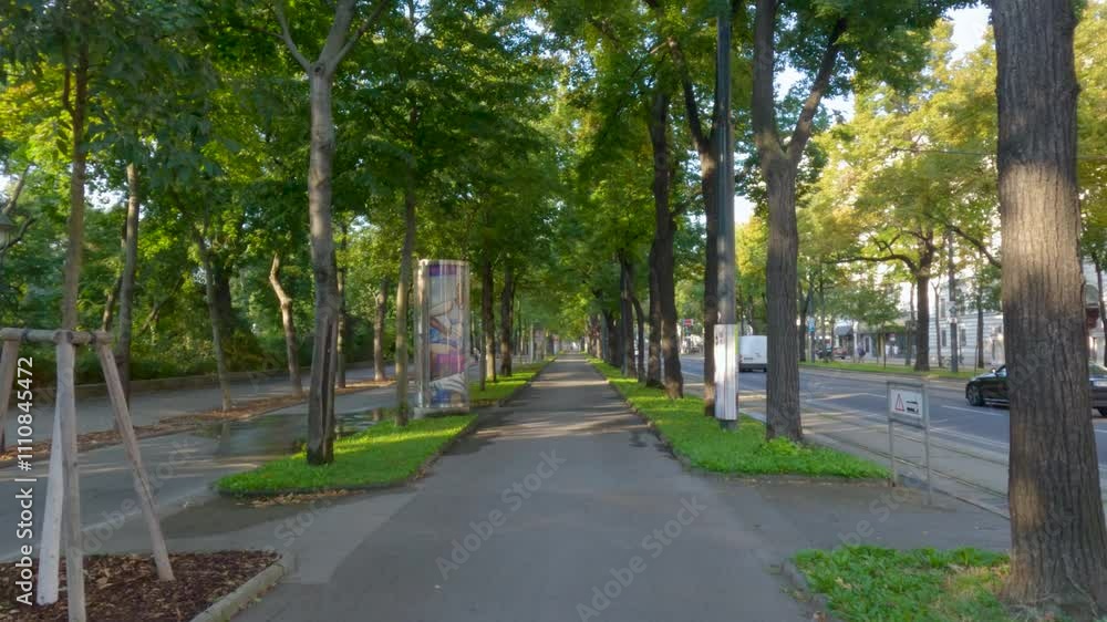 Morning walk in a Vienna park, Austria, with cyclists passing by and cars in the distance, capturing the city's lively atmosphere Morning walk in a Vienna park, Austria, with cyclists passing by and cars in the distance, capturing the city's lively atmosphere