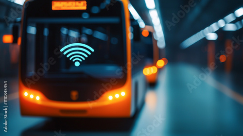 Bus with WiFi symbol in modern city transit station, urban transportation at night. photo