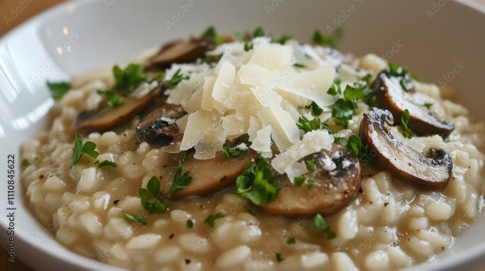 Photo of, A bowl of creamy mushroom risotto garnished with shaved Parmesan cheese and fresh thyme leaves, Mushroom risotto bowl centered Photo of, A bowl of creamy mushroom risotto garnished with shaved Parmesan cheese and fresh thyme leaves, Mushroom risotto bowl centered