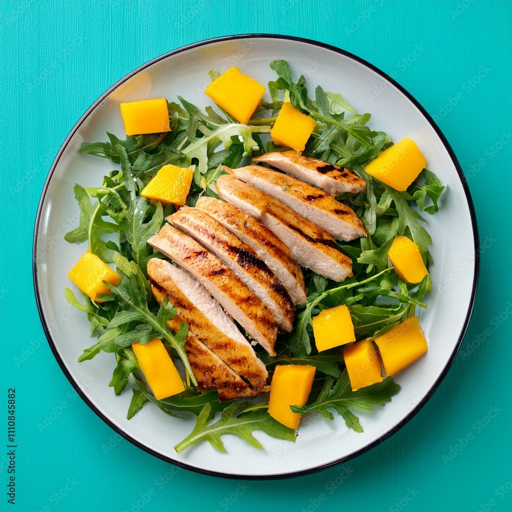 Top-down view of a vibrant salad featuring sliced grilled chicken, mango chunks, arugula Top-down view of a vibrant salad featuring sliced grilled chicken, mango chunks, arugula