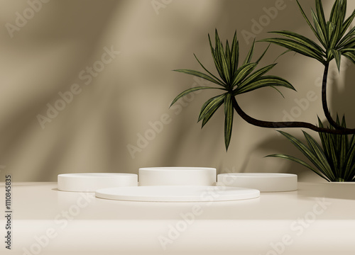 White stand podium on background with plant branches and leaves. Mock up for the exhibitions, presentation of products, therapy, relaxation and health.