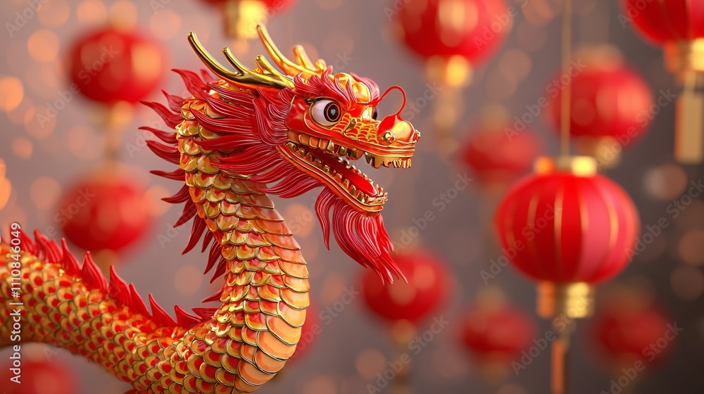 Naklejka premium Chinese New Year Dragon Red Gold Lanterns Festive Celebration