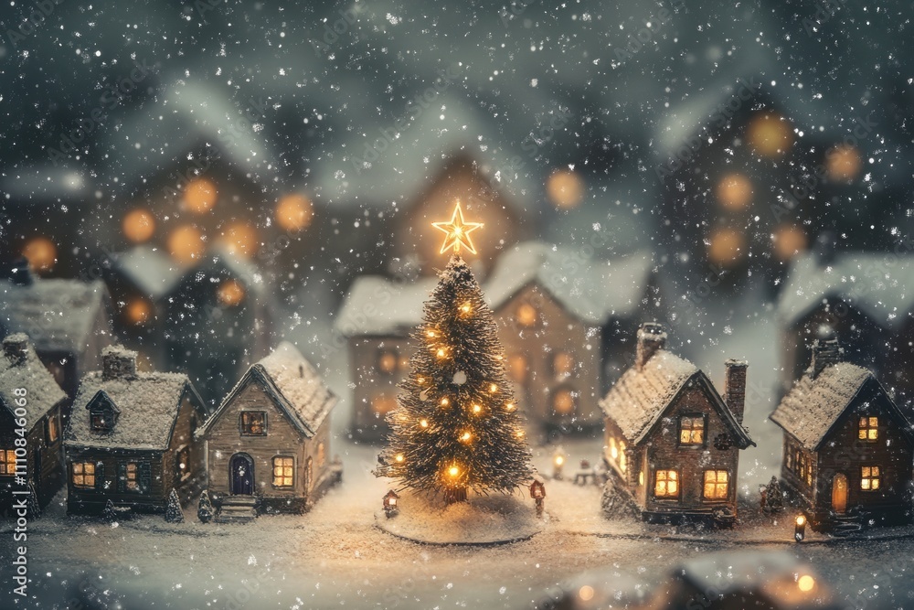 Christmas Tree and Cozy Wooden Houses Under Falling Snow - Festive Xmas Winter Wonderland Village Christmas Tree and Cozy Wooden Houses Under Falling Snow - Festive Xmas Winter Wonderland Village