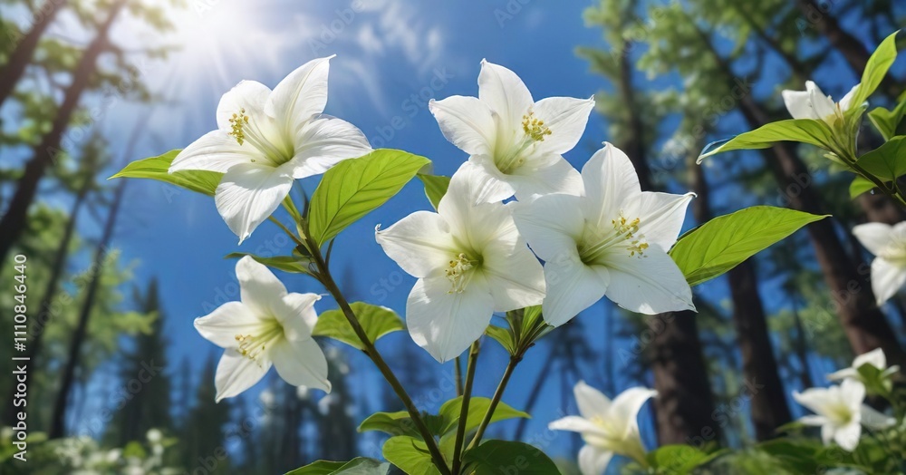 Low angle view of white trillium blooms against blue sky in tranquil forest, growth, white blossoms, iconic Low angle view of white trillium blooms against blue sky in tranquil forest, growth, white blossoms, iconic