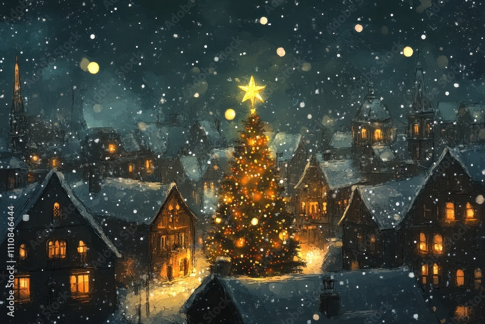 Christmas Tree and Cozy Wooden Houses Under Falling Snow - Festive Xmas Winter Wonderland Village Christmas Tree and Cozy Wooden Houses Under Falling Snow - Festive Xmas Winter Wonderland Village