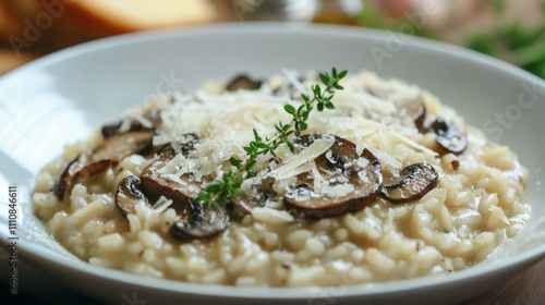 Photo of, A bowl of creamy mushroom risotto garnished with shaved Parmesan cheese and freshly chopped parsley, Mushroom risotto bowl centered